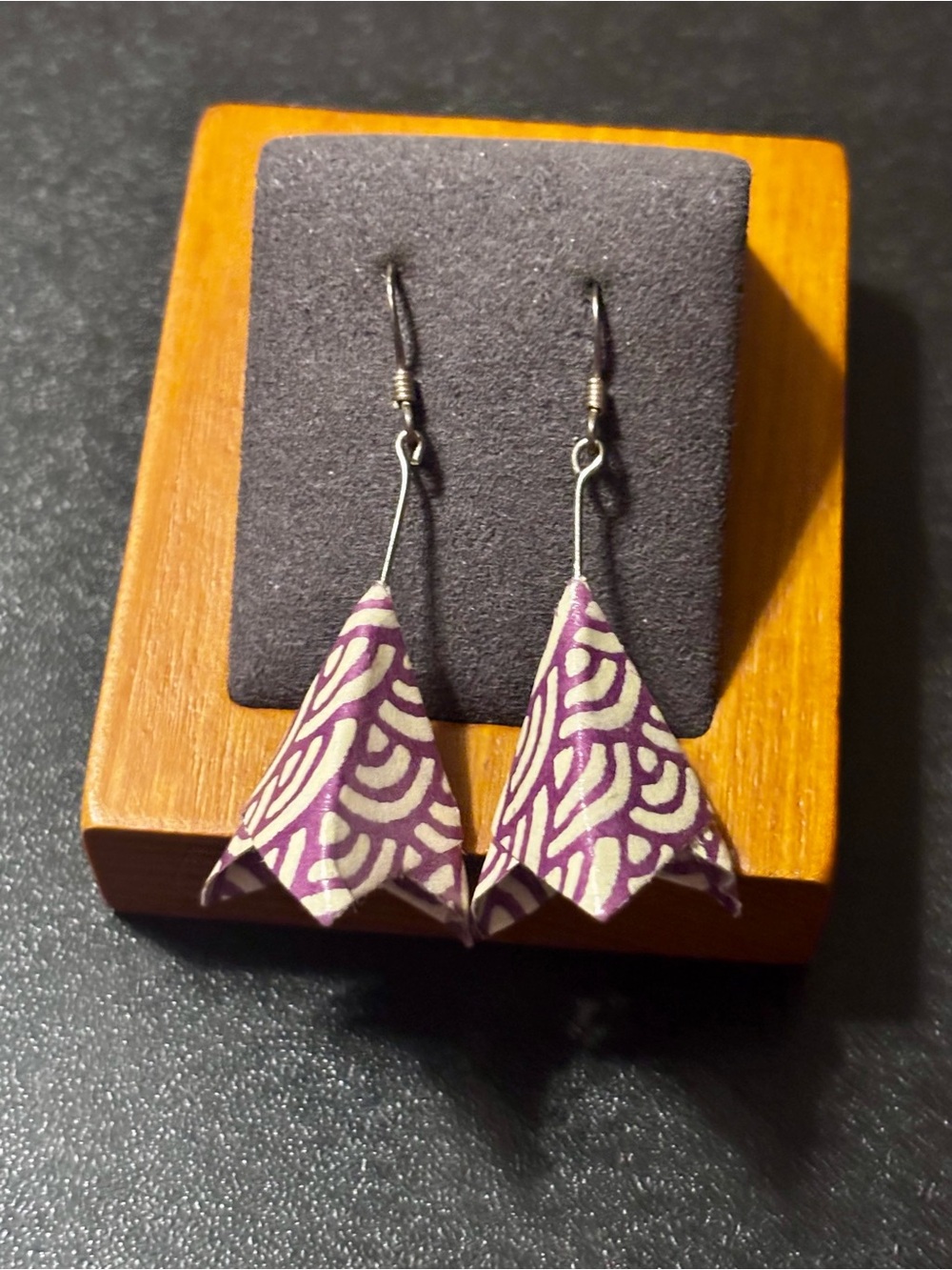 Origami Drop Earrings Purple Cream Pattern Sterling